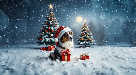Dog in Santa hat on Christmas Background. Dog puppy in red Santa hat with Christmas gift on winter snow greeting card. Puppy dog in Christmas Santa hat near Christmas tree.