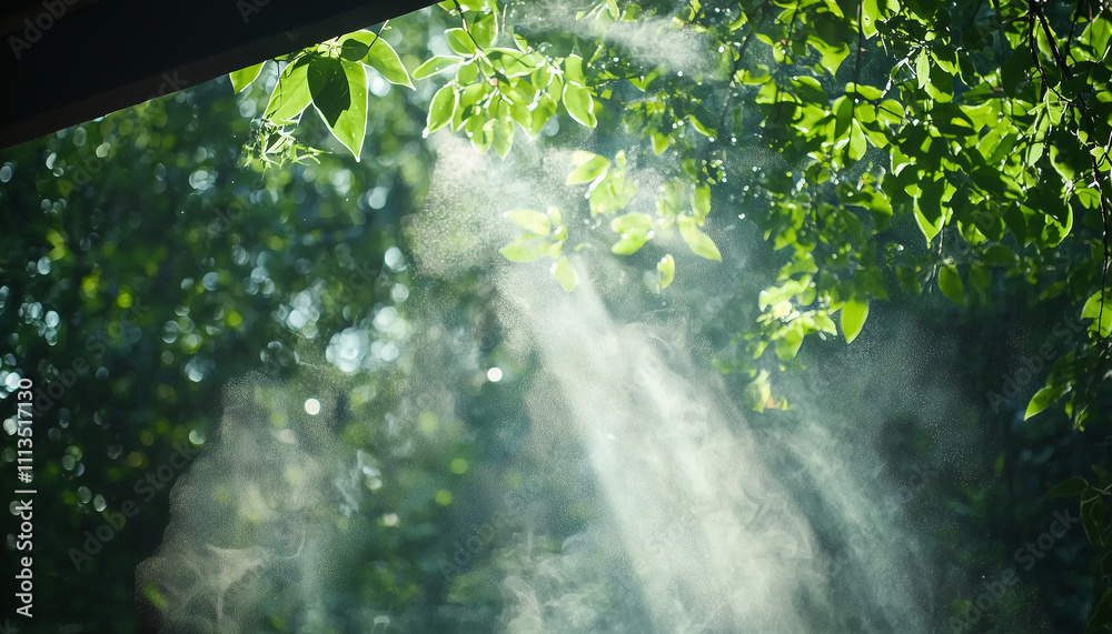 Poster sunlight filters through lush forest canopy, illuminating misty air and creating serene, ethereal at