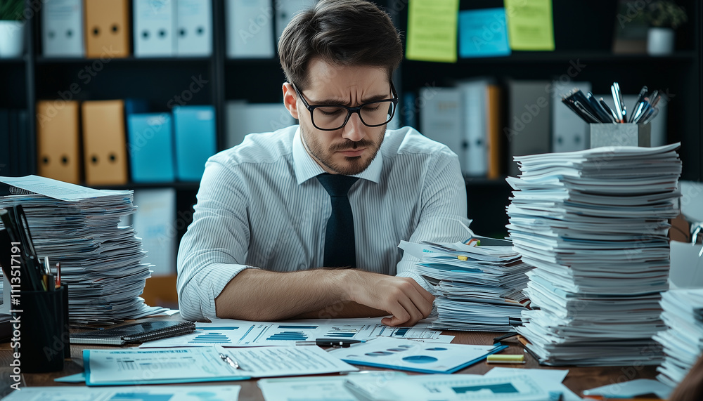 Poster financial analyst at desk surrounded by stacks of paperwork, looking focused and determined, with ch
