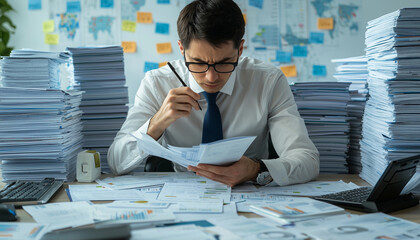 financial analyst at desk surrounded by stacks of documents, deeply focused on reviewing financial reports and data. office is filled with charts and notes, indicating busy work environment