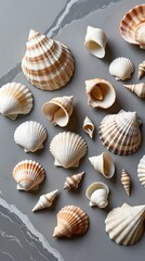 Different kind of seashells next to each other in random shapes and colors, sea creatures with gray background
