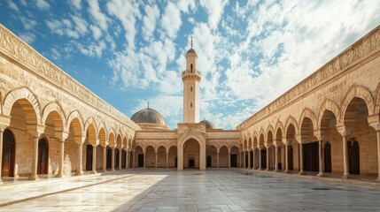 A serene courtyard of a mosque with arches and a minaret under a cloudy sky.
