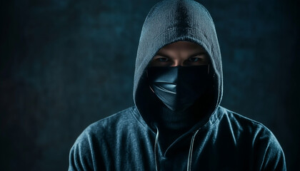 mysterious figure in dark hoodie and mask stands in dimly lit room, symbolizing vulnerability and anonymity of cyber threats