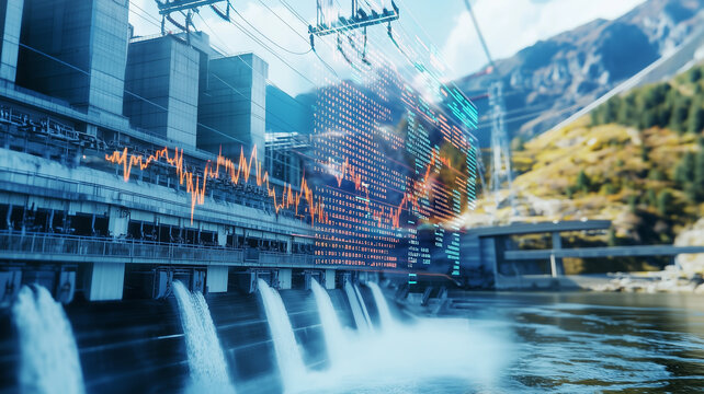 hydroelectric power station with digital overlay showing data analytics, set against mountainous backdrop, highlights integration of technology in renewable energy production - Powered by Adobe