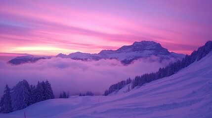 Snowy mountain peaks covered in clouds during a vibrant pink sunrise. 