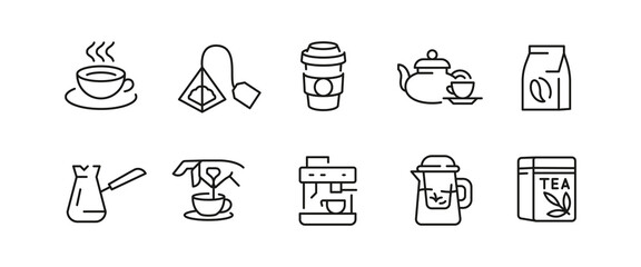 Tea and coffee icons. Set of 10 trendy minimal coffee and tea icons. Coffee Beans, Matcha, Green Tea, Mug. For branding tea shops, coffee houses, and beverage products. Vector illustration