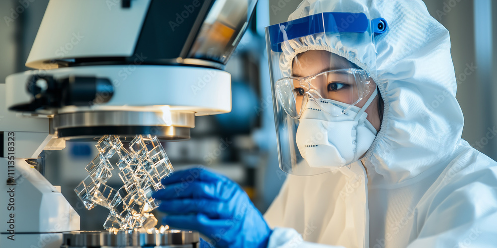 Aufkleber researcher in protective gear examines samples under microscope in laboratory, showcasing focus and 