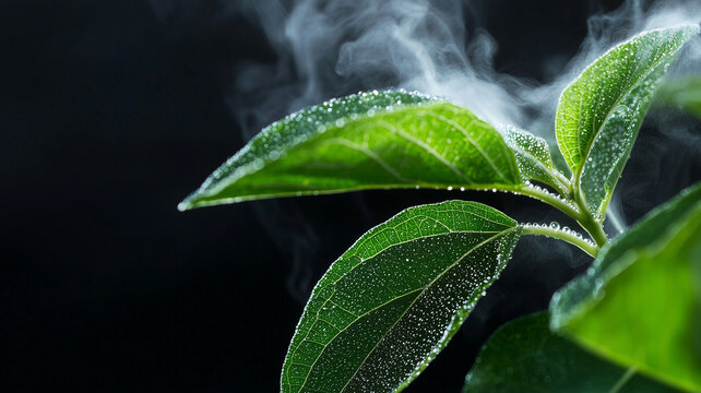 Close up of vibrant green leaves releasing water vapor against dark background, illustrating natural process of transpiration with visible droplets and mist