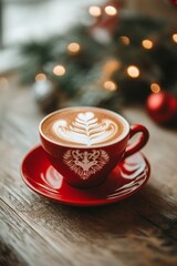 Fresh cup of hot latte coffee on coffee shop counter top. Christmas themed cup. background decorated with christmas lights and deco. 