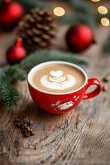 Fresh cup of hot latte coffee on coffee shop counter top. Christmas themed cup. background decorated with christmas lights and deco. 