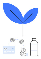 Blue leaf with branching stem representing eco-friendliness, credit card and hand with coins for financial transactions, and bottle for recycling. Ideal for environmental awareness, financial