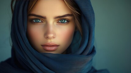 Portrait of woman with blue eyes and scarf capturing intense gaze