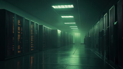 Obraz premium Dark Server Room Corridor With Illuminated Racks