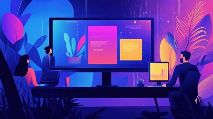 Team collaborating on vibrant digital design project on large monitors in modern office.