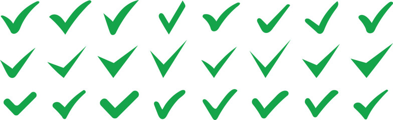 Green check mark icon set, hand-drawn checkmark illustration, approval check icon isolated on transparent green check mark symbols   © Designflowbd