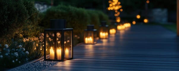 Elegant outdoor decor with minimalist black metal lanterns lighting a serene path for a tranquil evening ambiance.