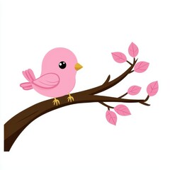 Cute Pink Bird Sitting on Branch with Pink Leaves in a Minimalist Style, Perfect for Children&rsquo;s Products, Illustrations, and Nature Themes
