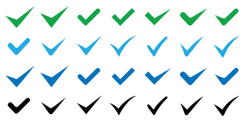 Set of Green check mark icons. Hand-drawn checkmark illustration. Green check mark, mark symbol, ticks, ok, signs, right icon, solve sign, success, apps, website, web, logo, designs.