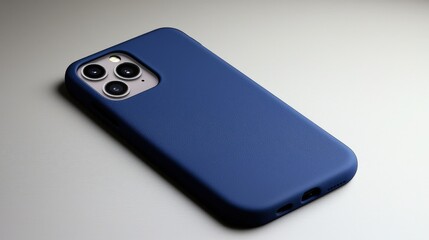 Sleek blue phone case on modern smartphone with triple camera on white background