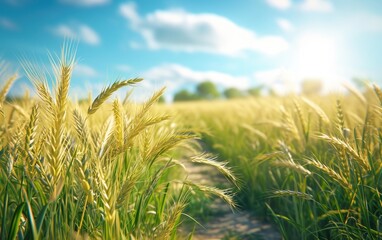 Obraz premium Sunlight Golden Stalks Wheat Field Under Sunny Bright Blue Sky