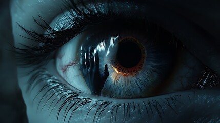 Naklejka premium An eerie shot of a blue eye peering through the darkness