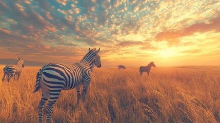 Obraz premium Zebras in golden savanna at sunset.