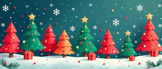 Cute Christmas Wallpaper Colorful Trees Snowflakes Pattern Illustration