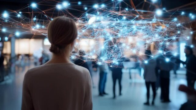 Innovative woman in technology exploring digital connections and abstract networks for future innovation.