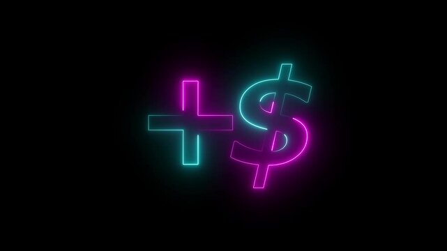 Neon dollar sing. dollar pluse , dollar income, growth dollar symbol icon animation