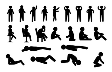stick figure stickman people person pose posture squat sit lay bend down rest relax pictogram icons