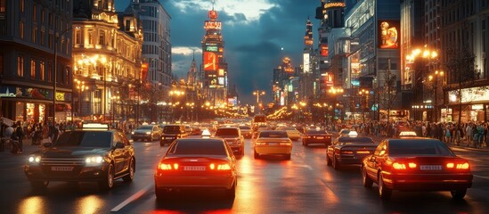 Naklejka premium Night traffic on a bustling city street, illuminated by bright lights and surrounded by grand buildings.