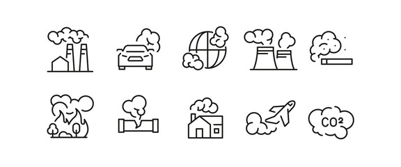 Air Pollution icons. Set of 10 air pollution trendy minimal icons. Factory smoke, Wildfire, car emission, Industrial smoke. Design signs for web page, mobile app, packaging design. Vector illustration