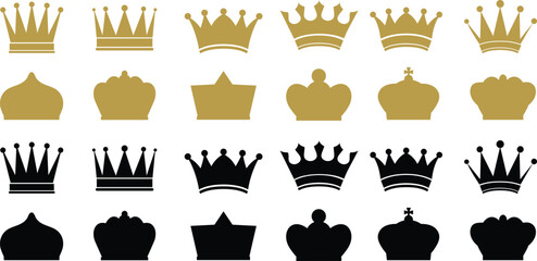 Set of crown icons. Royals crown symbol. Golden and black crown silhouette set. Crown symbol collection. Vector illustration	