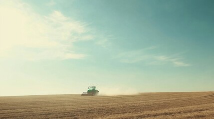 Agricultural tractor cultivating a golden wheat field under a bright blue sky with soft clouds,...