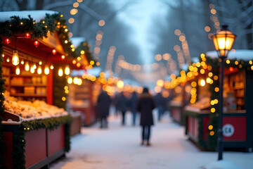 Obraz premium blurred background christmas market on snowy winter day