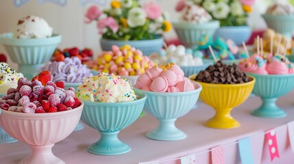 A delightful ice cream sundae bar with toppings and colorful bowls for a celebration