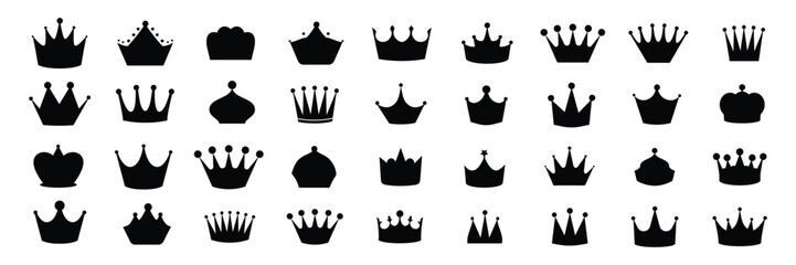 Crown icons set. Black crown symbol collection. Royal crown silhouettes.