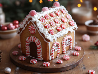 Gingerbread house, decorated with icing and candy, close-up, festive treat, Christmas baking