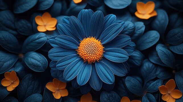 Vibrant blue flower with orange center amidst leafy backdrop