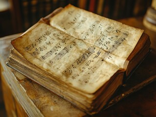 Ancient music notes on vintage parchment paper evoke timeless melodies with rustic aged charm