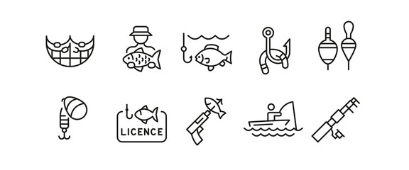 Fishing Icons. Set of 10 fishing trendy minimal icons. Fisherman, fishing rod, fishing reel, fish and tackle box icon. Design signs for web page, mobile app, packaging design. Vector illustration.