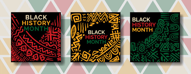 Set of black history month square backgrounds with hand drawn abstract patterns for social media post templates