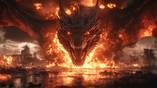 A dragon with red eyes and a fiery mouth is shown in a fiery landscape