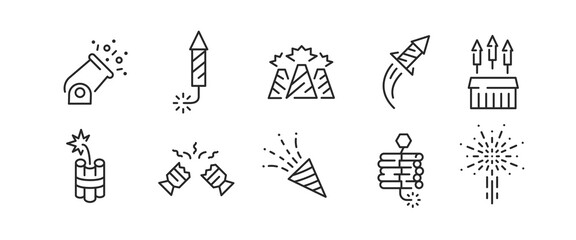 10 Fireworks icons. Large set of various fireworks trendy minimal icons. Includes sparklers, rockets, firecrackers, aerial bursts. Vector illustration