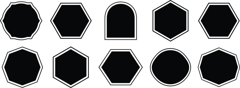 Set of black vintage label, badges shape. Polygonal elements with sharp and rounded edges ribbon banner collection. Black template for patch, insignias, overlay stickers.
