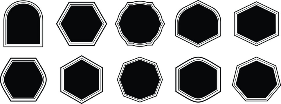 Set of vector basic shapes. Collection of polygonal elements with vitage label and badges rounded edges badges. 