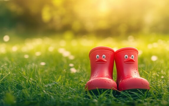 A charming close-up of red duck-face rubber boots on fresh green grass, highlighting a playful spring vibe with a vintage pastel color palette