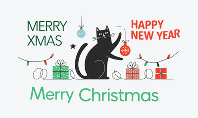 Christmas Holiday Vectors Starring a Charming Black Cat, easily editable.