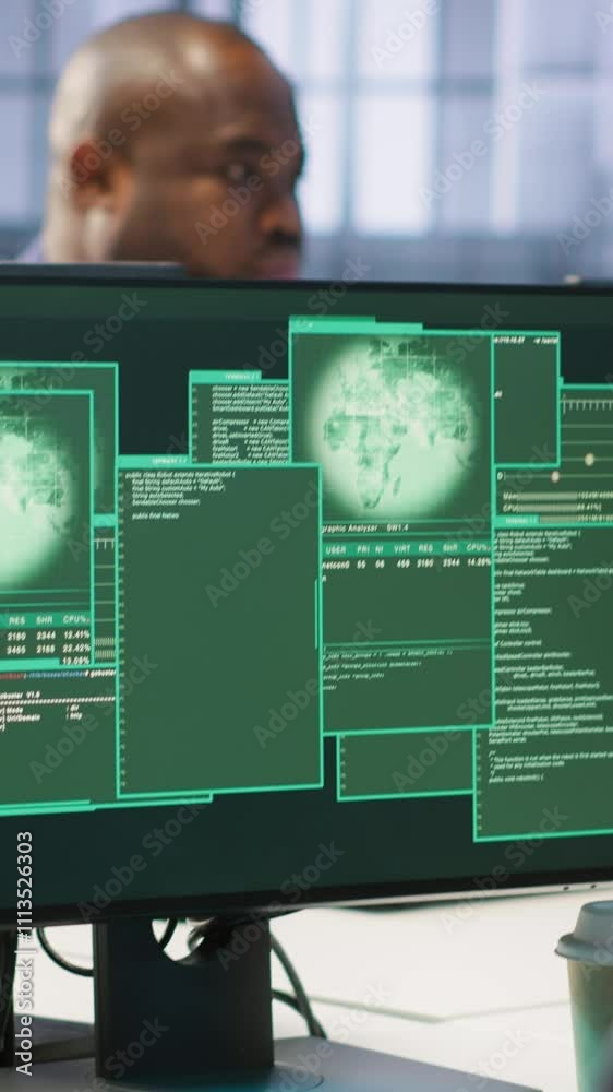 Poster vertical video software developers in server hub trying to protect gear from hacker stealing data. d