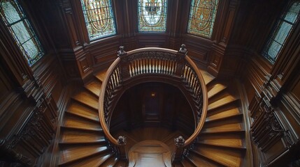 Fototapeta premium A grand wooden staircase with stained glass windows, showcasing intricate craftsmanship.